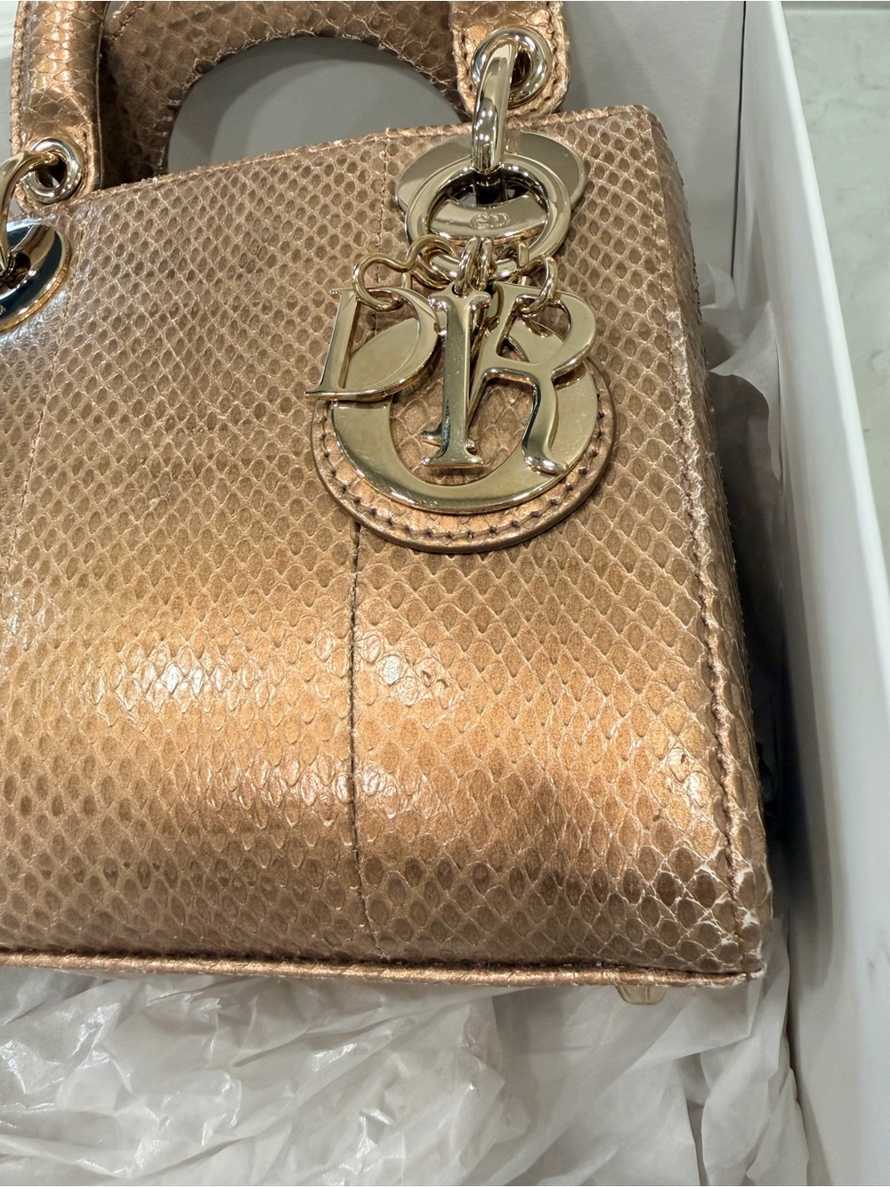 Dior Metallic Gold Python Lady Dior Top Handle Satchel - Picture 7 of 8
